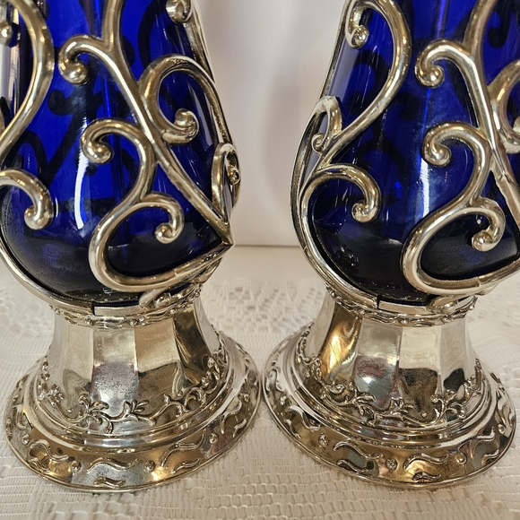 RARE VINTAGE COBALT BLUE GLASS SILVER CANDLE HOLDERS CANDLESTICK CANDELABRA - Picture 2 of 6